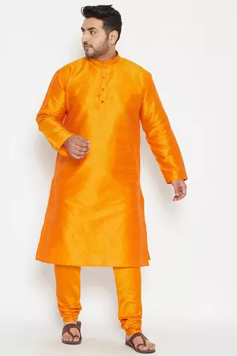 Men's orange silk blend kurta pyjama set