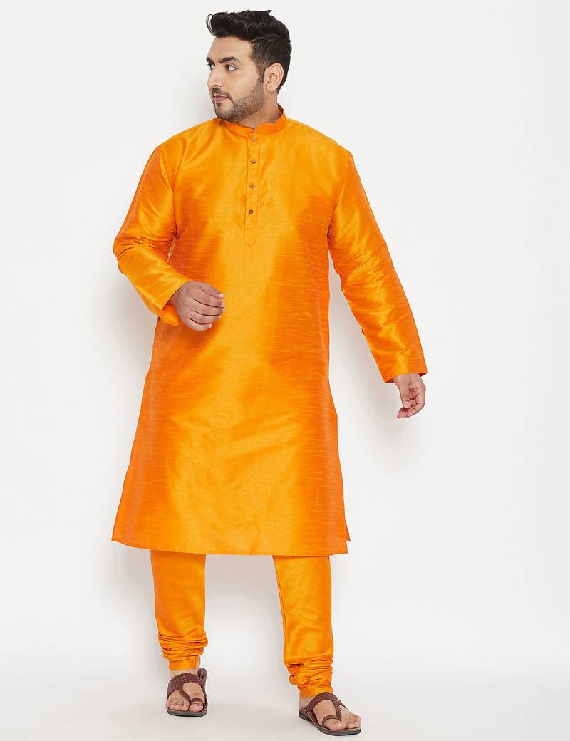 Men's orange silk blend kurta pyjama set