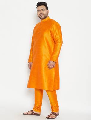Men's orange silk blend kurta pyjama set 2