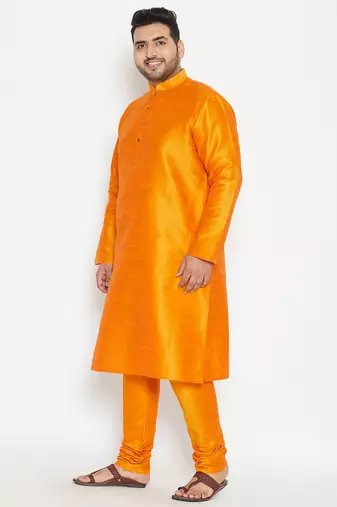 Men's orange silk blend kurta pyjama set