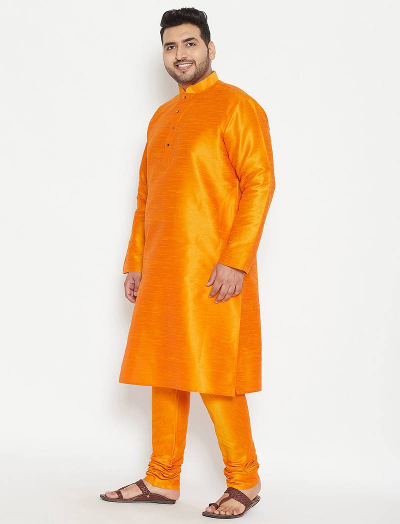 Men's orange silk blend kurta pyjama set