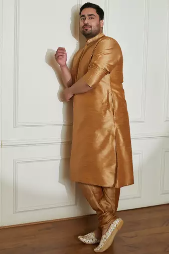 Men's rose gold silk blend kurta pyjama set