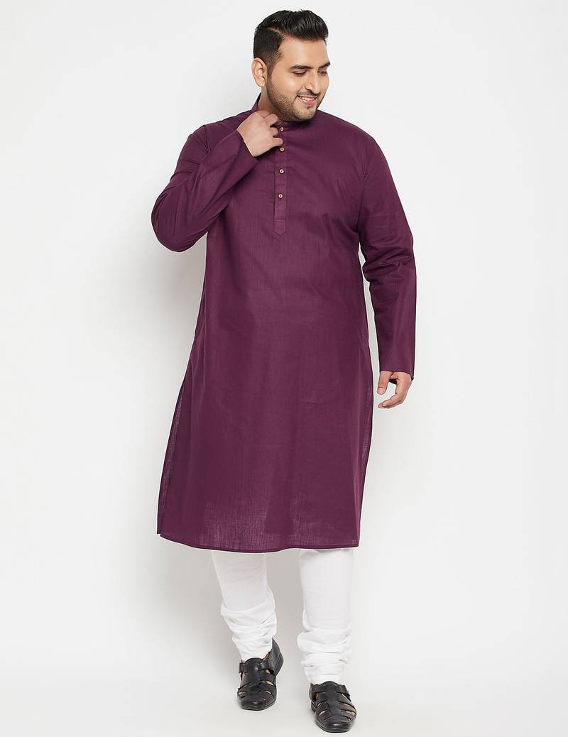 Men's purple and white cotton blend kurta pyjama set