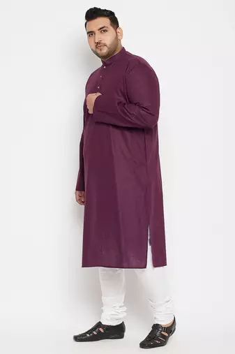Men's purple and white cotton blend kurta pyjama set