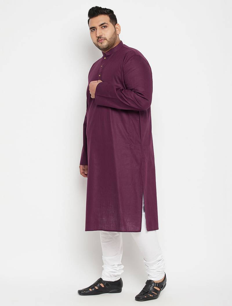 Men's purple and white cotton blend kurta pyjama set