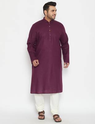 Men's purple and cream cotton blend kurta pyjama set 1