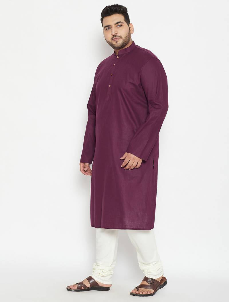 Men's purple and cream cotton blend kurta pyjama set