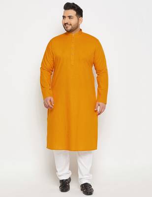 Men's mustard and white cotton linen kurta pyjama set 1