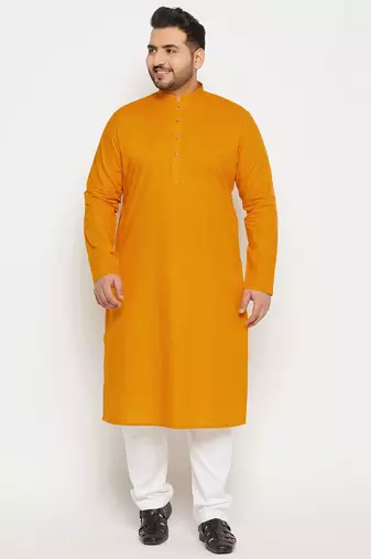 Men's mustard and white cotton linen kurta pyjama set
