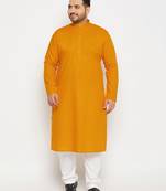 Men's mustard and white cotton linen kurta pyjama set