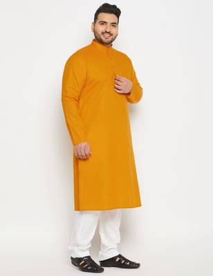 Men's mustard and white cotton linen kurta pyjama set 2