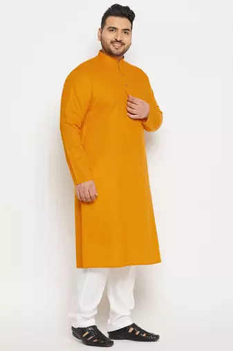 Men's mustard and white cotton linen kurta pyjama set