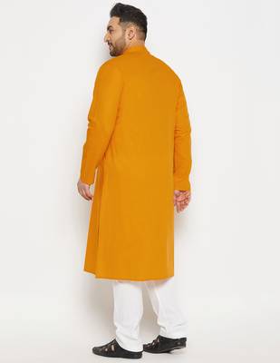 Men's mustard and white cotton linen kurta pyjama set 3