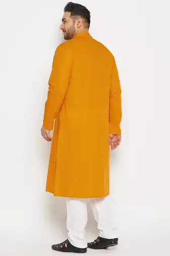 Men's mustard and white cotton linen kurta pyjama set