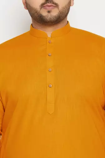 Men's mustard and white cotton linen kurta pyjama set