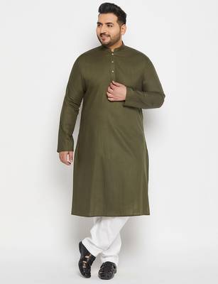 Men's green and white cotton linen kurta pyjama set 1