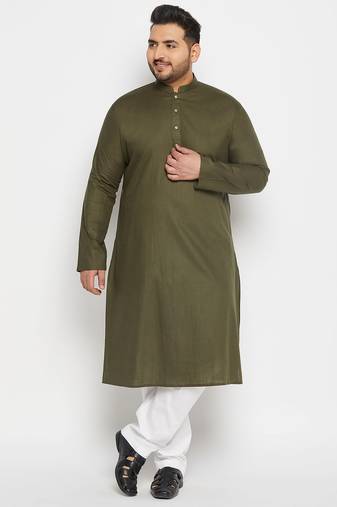 Men's green and white cotton linen kurta pyjama set