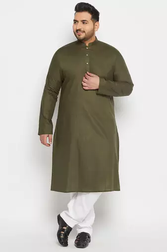 Men's green and white cotton linen kurta pyjama set