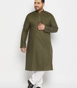 Men's green and white cotton linen kurta pyjama set