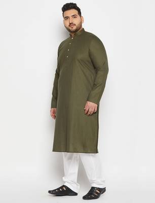 Men's green and white cotton linen kurta pyjama set 2