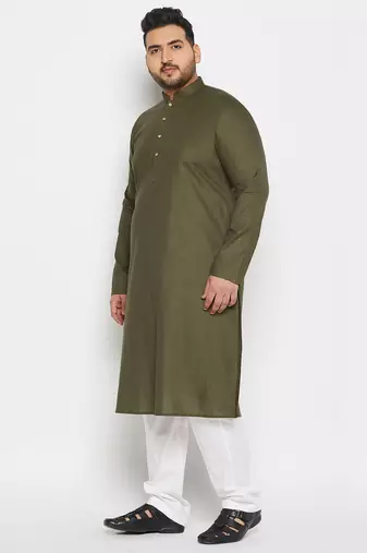 Men's green and white cotton linen kurta pyjama set