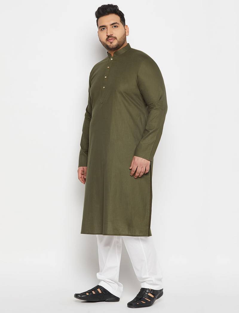 Men's green and white cotton linen kurta pyjama set