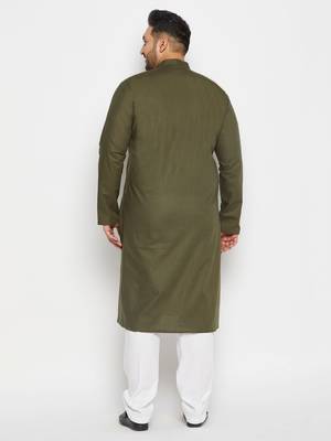 Men's green and white cotton linen kurta pyjama set 3