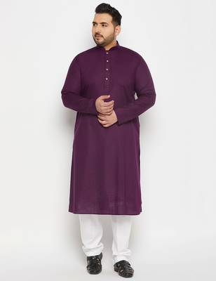 Men's purple and white cotton linen kurta pyjama set 1