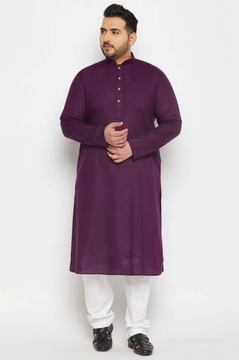 Men's purple and white cotton linen kurta pyjama set