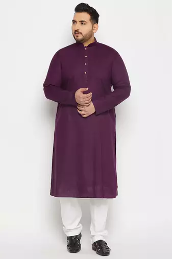 Men's purple and white cotton linen kurta pyjama set