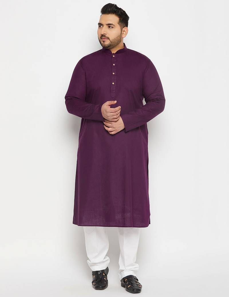 Men's purple and white cotton linen kurta pyjama set