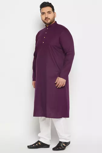 Men's purple and white cotton linen kurta pyjama set