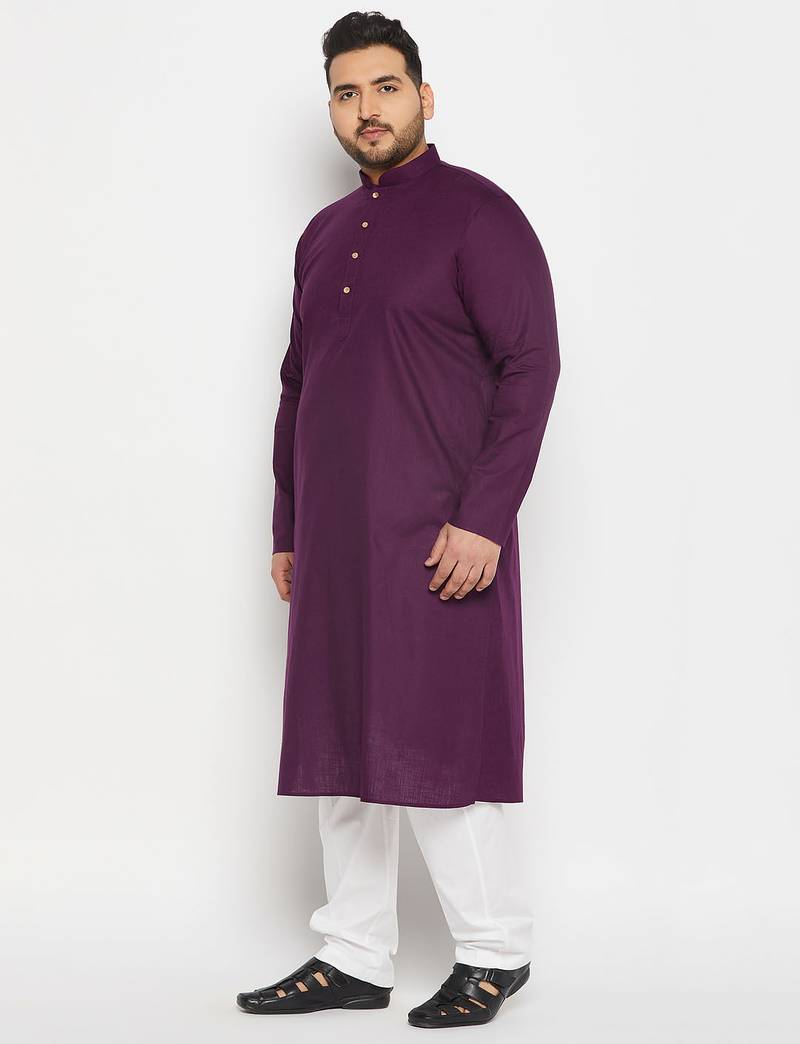 Men's purple and white cotton linen kurta pyjama set