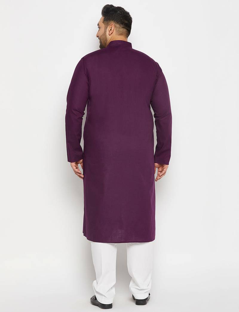 Men's purple and white cotton linen kurta pyjama set