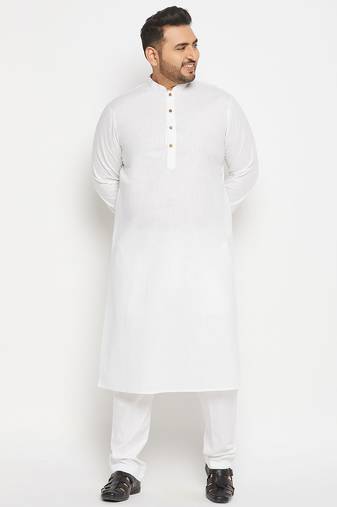 Men's white cotton blend kurta pyjama set