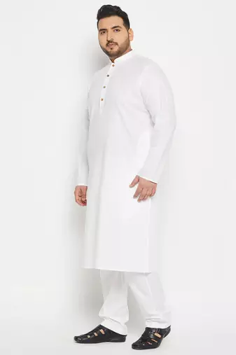 Men's white cotton blend kurta pyjama set