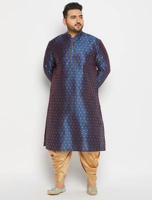Men's royal blue silk blend kurta and dhoti set 1