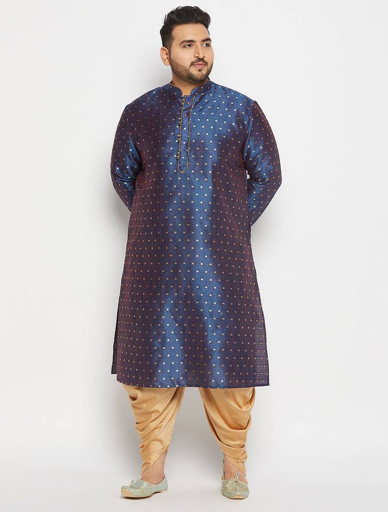 Men's royal blue silk blend kurta and dhoti set