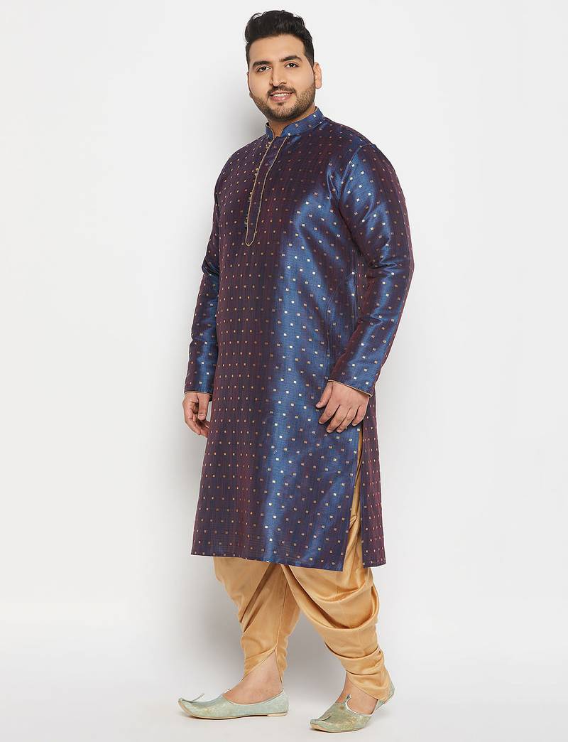Men's royal blue silk blend kurta and dhoti set