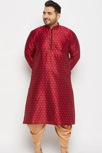 Men's maroon silk blend kurta and dhoti set