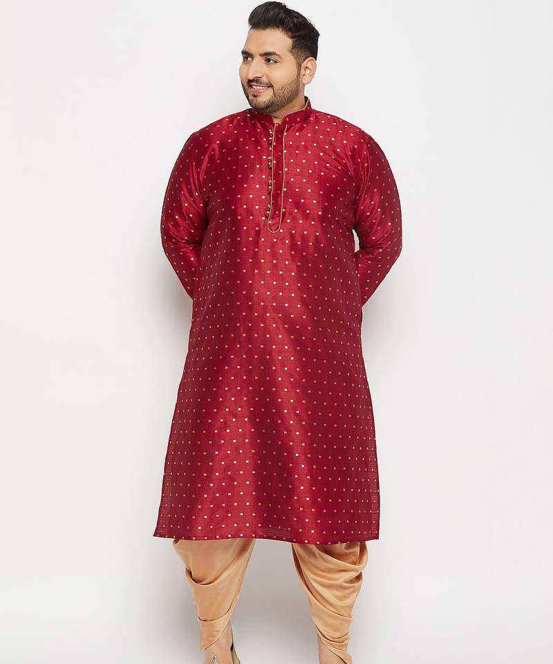 Men's maroon silk blend kurta and dhoti set