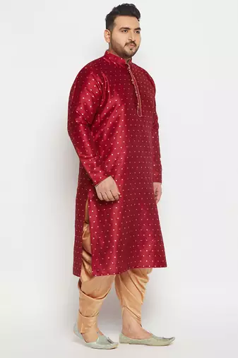 Men's maroon silk blend kurta and dhoti set