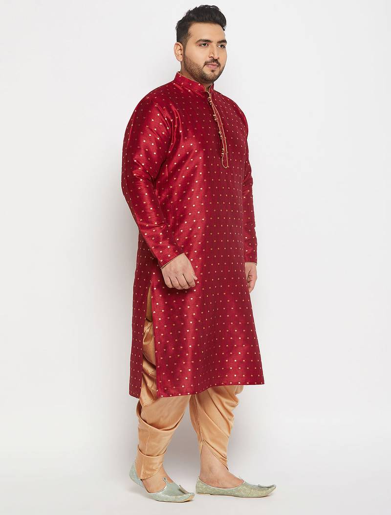 Men's maroon silk blend kurta and dhoti set