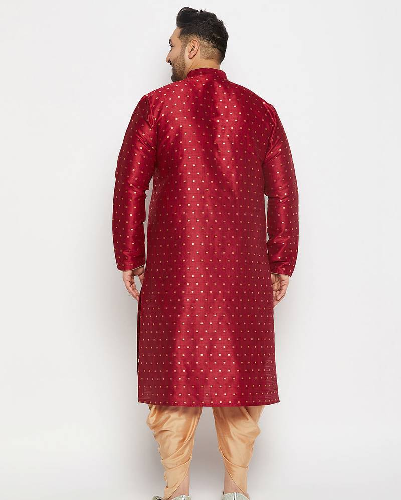 Men's maroon silk blend kurta and dhoti set