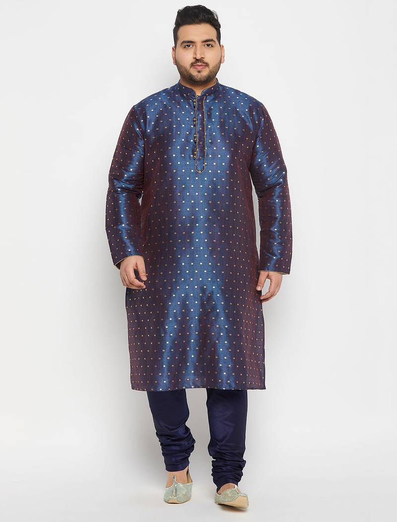 Men's royal blue silk blend kurta pyjama set