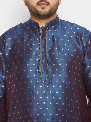 Men's royal blue silk blend kurta pyjama set 4