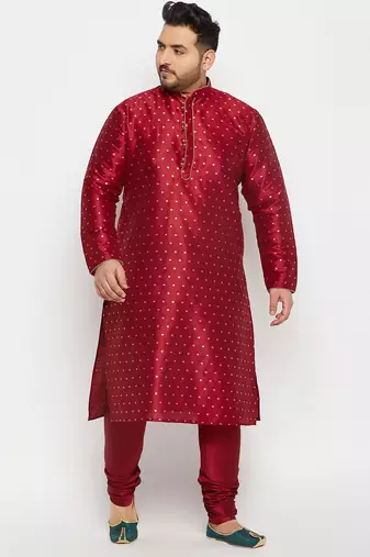 Men's maroon silk blend kurta pyjama set
