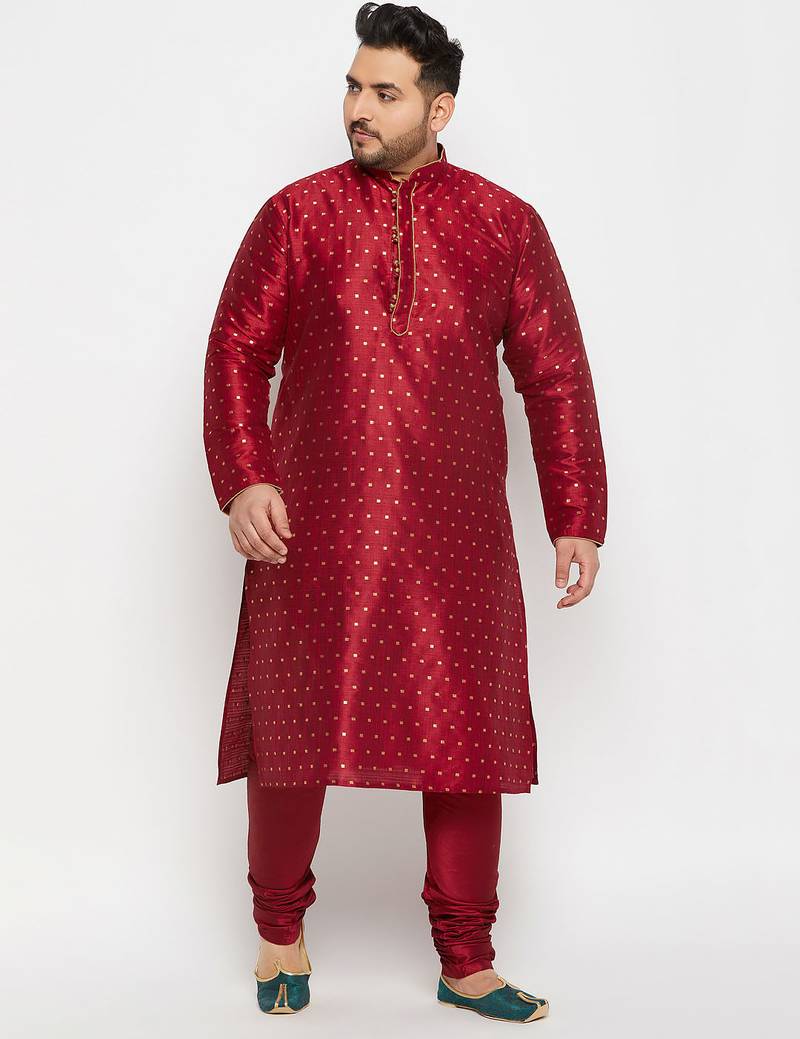 Men's maroon silk blend kurta pyjama set