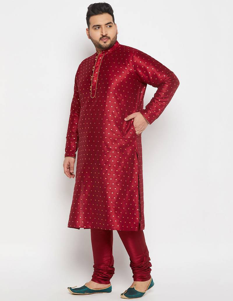 Men's maroon silk blend kurta pyjama set