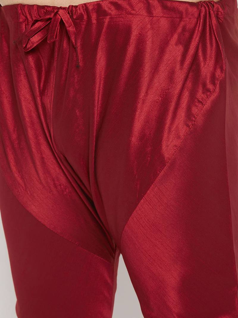 Men's maroon silk blend kurta pyjama set